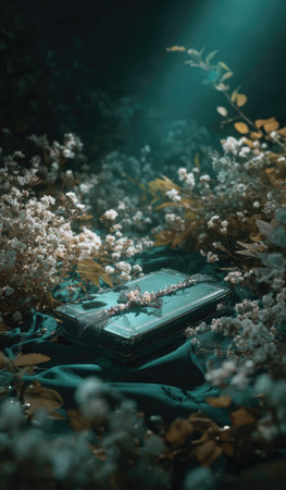An aged book rests among delicate white flowers and lush green foliage. The composition features a dramatic lighting scheme, accentuating the textures and details. The image evokes a sense of mystery and invites exploration of its contents. Suitable for editorial and commercial applications.の素材