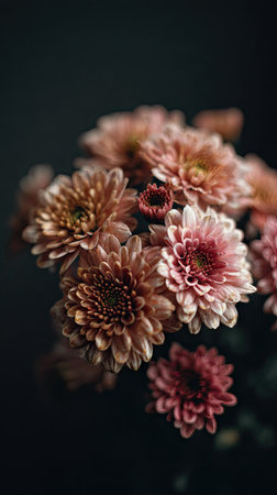 A close-up showcases several flowers with layers of pink, orange, and red petals. The composition features a dark background, highlighting the intricate details of the blossoms. Soft lighting accentuates the textures. It is suitable for various commercial and editorial applications, offering a sense of natural beauty.の素材