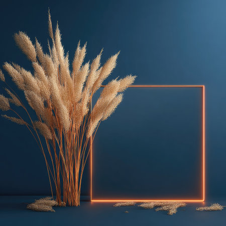 A display features dried pampas grass beside a glowing neon square against a teal backdrop. The composition presents soft beige textures with sharp lines, emphasizing contrast and depth. The scene suggests a modern, studio environment, suitable for various advertising and design projects. Its vibrant colors and clean aesthetics are adaptable for both commercial and editorial applications.の素材