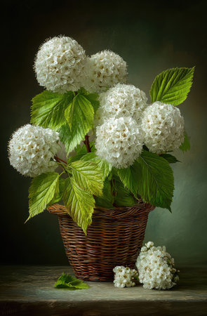 A still life presents a cluster of white spherical flowers alongside vibrant green leaves, artfully arranged in a woven basket. The composition is set against a dark background, highlighting the blooms' texture and form. The lighting creates a soft, natural effect, suggesting potential uses in various commercial or editorial contexts.の素材