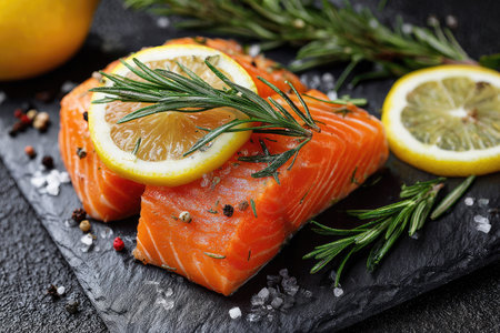 Fresh salmon fillets are artfully arranged with lemon slices and sprigs of rosemary. The vibrant orange fish contrasts with the dark surface, highlighted by natural lighting. This culinary presentation would be suitable for use in food blogs, cookbooks, or advertising campaigns for healthy eating concepts.の素材