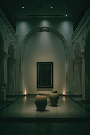 An indoor view presents a gallery space with a central artwork on a wall, complemented by symmetrical architectural elements. Two vases rest on the floor, lit by strategic lighting. The composition uses muted tones and vertical lines, suggesting an ambiance suitable for art-related publications or cultural content.の素材