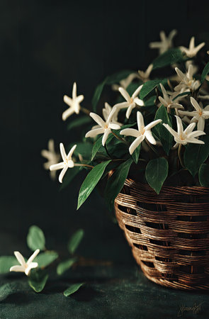 A close-up showcases delicate white flowers blooming from a woven basket, set against a deep, dark backdrop. The composition features natural light, emphasizing textures and details. This botanical arrangement is likely suitable for design, decoration or editorial uses.の素材
