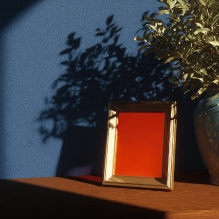 An image features a golden picture frame with a red center, positioned on a wooden surface. A potted plant is visible on the right, and a shadow of a plant is cast on the blue wall. The composition uses natural light. This visual could be used for decorative, editorial, or illustrative purposes.の素材