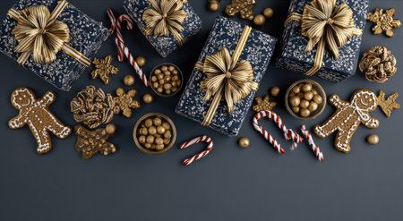 This overhead shot presents a collection of wrapped gifts, gingerbread figures, candy canes, and decorative elements. The composition features a dark background with textures and gold accents. This arrangement suggests a celebratory occasion, suitable for holiday-themed visuals and editorial use.の素材