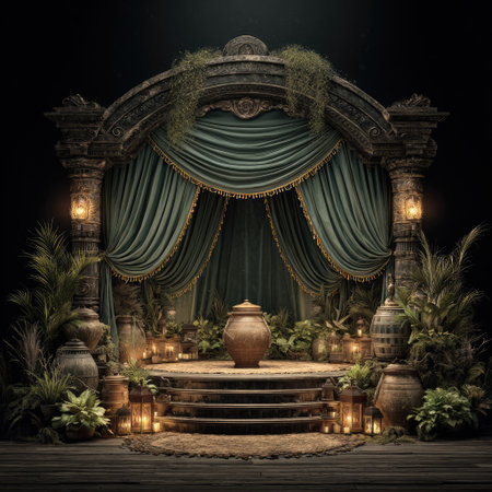 An ornate stage is presented with a backdrop of green curtains, framed by an arched structure and columns. The scene includes plants, candles, and urns, suggesting a theatrical or ceremonial setting. The composition utilizes soft lighting, enhancing the textured details and adding depth. This image is suitable for various creative projects and can be used for decorative purposes.の素材