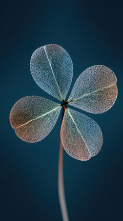 An overhead shot showcases a four-leaf clover against a deep blue backdrop. The delicate leaves reveal intricate veining and transition from a pale hue to warmer tones. This botanical image, with its clear details and simple composition, could be used for various editorial and commercial projects.の素材