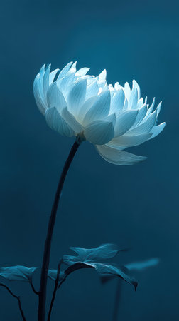 An isolated white flower, with delicate petals, is shown against a deep blue background. The composition highlights the flower's form with soft lighting. The image evokes a sense of tranquility, suitable for various design projects, and could be used in editorial content.の素材