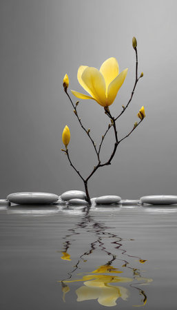A single yellow magnolia blossom with budding flowers stands over smooth gray stones reflected in tranquil water. The image features a soft focus, with a neutral gray backdrop. This serene composition has potential for uses such as wall art, design projects, or in publications.の素材