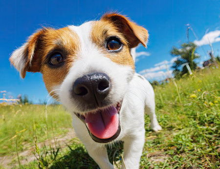 A close-up photograph features a small dog with a cheerful expression, set against a clear blue sky. The dog has a brown and white coat, with its mouth open, revealing a pink tongue. The scene is illuminated by sunlight, with green grass in the background. This image is suitable for various commercial and editorial purposes.の素材