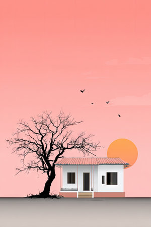 A stylized illustration depicts a house with a tree and a setting sun in a pink sky. The image features flat colors and clean lines, with the house as the focal point. The composition suggests a tranquil outdoor setting. This illustration could be used for various creative projects, including design and advertising.の素材
