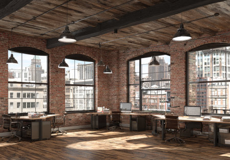 An interior shot reveals an industrial-style office featuring exposed brick walls, wooden floors, and large arched windows. The composition presents a row of workspaces with computers, illuminated by overhead lighting. This environment suits business or creative purposes. The natural light illuminates the space.の素材