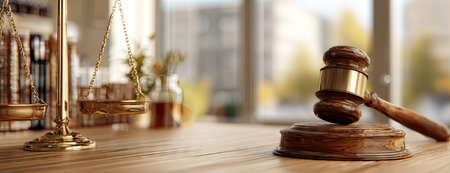 A close-up shot showcases a balance scale and gavel positioned on a wooden table. The composition highlights textures and materials with soft lighting. The blurred background suggests an indoor setting possibly related to legal or judicial themes, suitable for various commercial applications.の素材
