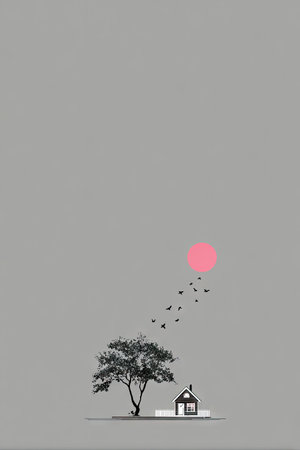 An illustrated scene features a tree, a small house, and a flock of birds. The artwork uses grayscale with a pop of pink for the sun. The composition is minimalist, featuring a serene atmosphere. It could be used for various commercial and editorial applications. The image suggests a calm, natural outdoor setting.の素材