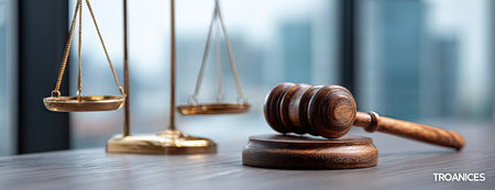 An image featuring a gavel and scales of justice, set on a wooden surface. The composition includes details of both objects, with a blurred background providing context. It showcases a clear and detailed presentation, likely suitable for commercial applications. The lighting creates contrast, suggesting a professional environment.の素材