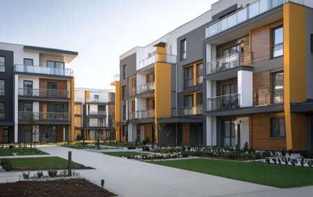 Exterior view of contemporary apartment buildings showcases architectural design. The buildings feature balconies, varied wall colors, and large windows, set against a clear sky. The composition highlights the building exteriors, potentially suitable for various architectural or real estate related commercial projects.の素材