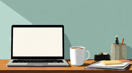 A laptop computer sits open on a wooden desk, accompanied by a coffee cup and office accessories. The composition features clean lines and a minimalist aesthetic. The color palette includes shades of brown, white, and teal, with focused lighting. Suitable for use in a variety of commercial and editorial applications.の素材