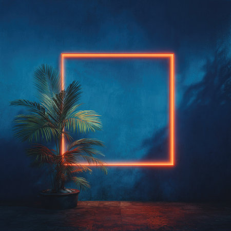 An eye-catching composition presents a potted palm tree set against a textured blue backdrop. An orange neon square frame provides a focal point within the scene. The lighting creates a moody atmosphere, and a layer of mist adds depth. Suitable for conceptual illustrations or design projects.の素材