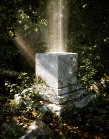 A stone monument stands in a natural setting, illuminated by a beam of light. The artwork features a cubic structure on a tiered base, surrounded by green foliage. The composition showcases strong light and shadow, creating an atmosphere ideal for various editorial and commercial projects.の素材