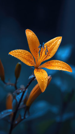 An orange lily flower with delicate petals is shown against a dark blue backdrop. The macro photograph highlights the flower's texture and the water droplets clinging to the petals. The image is well-lit, emphasizing the vibrant color. It could be used for various commercial applications, including advertising and design.の素材