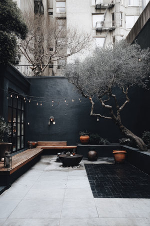 A monochromatic outdoor courtyard scene showcases a design featuring trees, benches, and a fire pit. The composition includes a dark wall and decorative string lights, creating an inviting atmosphere. It could be suitable for architectural, design, or lifestyle publications, or for use in marketing or advertising materials.の素材