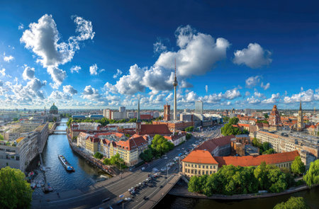 This panoramic photograph showcases a cityscape under a bright blue sky dotted with fluffy white clouds. The image captures buildings, bridges, and waterways. The composition uses natural light, offering potential for various commercial applications such as website design or travel brochures.の素材