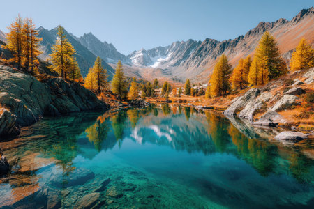A tranquil mountain lake reflects a vibrant autumn scene. Golden trees line the shore, contrasted against the deep blue water and rugged mountain peaks. The composition features natural lighting, creating a sense of depth. This image could be used for travel, nature, or environmental content.の素材