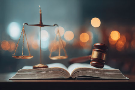 The image showcases a symbolic representation of justice with a scale, a gavel, and an open book. The objects are presented against a blurred background featuring bokeh lights. The composition highlights a balance between the elements, suggesting legal themes. It is suitable for various commercial and editorial applications.の素材