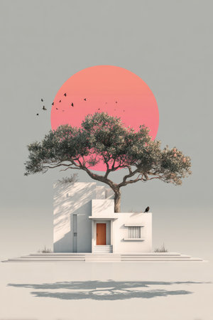 A stylized artwork features a building with a tree growing from its roof, set against a backdrop of a large, reddish sun. The composition is minimalist with soft lighting and muted colors. The image might be suitable for illustrative purposes, graphic design, or conceptual projects.の素材