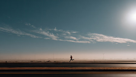 A person is depicted in silhouette, running on a road. The image features a vast, open landscape under a bright sky. The composition highlights a sense of movement and freedom, employing natural light. This image could be used in various projects related to health, exercise, and lifestyle.の素材