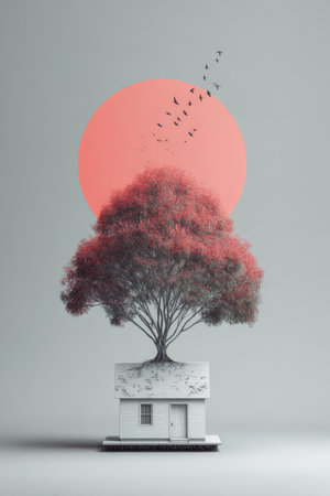 An artistic illustration features a tree atop a small house with a vibrant red sun in the background and birds flying. The composition utilizes a minimalist style with muted tones and soft lighting. This image is suitable for various creative projects, including editorial or design applications.の素材