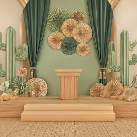 A decorative stage features a cactus backdrop and paper fan decor. The scene incorporates green curtains and a wooden podium, complemented by steps leading up to the stage. The composition uses neutral tones with a focus on the central podium, suitable for various commercial and editorial applications.の素材