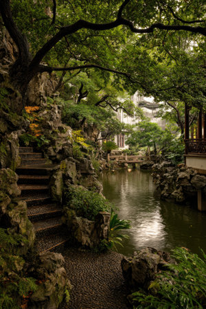 An outdoor scene displays a pathway leading to a body of water surrounded by lush greenery and stone formations. The image features natural sunlight illuminating various textures and shades of green and brown. This image could be used for commercial projects or editorial content focusing on nature and environment.の素材