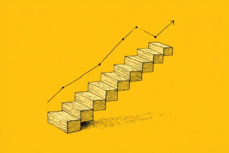 A sketched staircase with an ascending line graph overlaid against a bright yellow backdrop. The image displays a linear, hand-drawn style, showing geometric forms and shades. This conceptual illustration may be suitable for presentations, educational material, or as a design element in various visual projects.の素材