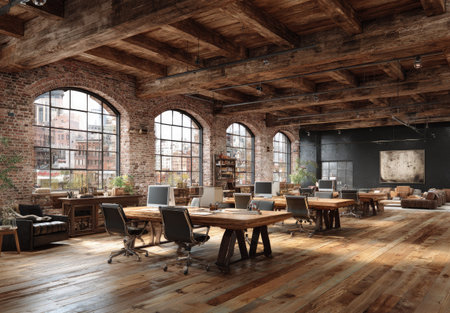 An expansive interior workspace is depicted featuring multiple desks and chairs. The scene showcases large arched windows and wooden beams overhead. The color palette consists of warm tones from the wood, with brick walls providing contrast. It might be used for architectural or design projects.の素材