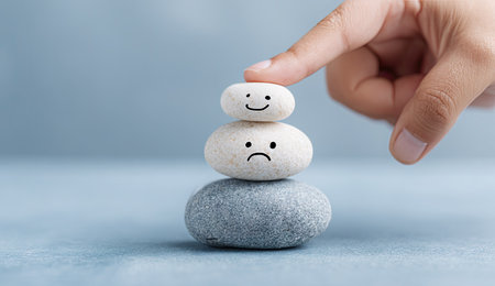 A hand interacts with a stack of stones, each displaying a face illustration. The composition uses neutral colors with a shallow depth of field. The image conveys a conceptual representation of emotion, potentially usable for illustrating feelings or psychological themes across various applications.の素材