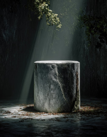 A solitary stone cylinder stands in a shadowy environment, bathed in a beam of light. Green foliage hangs above, enhancing the naturalistic setting. The composition features a dark background and a dramatic contrast of light and shadow, suggesting a space for product presentation or conceptual illustration. It's suitable for various commercial and editorial applications.の素材