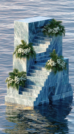 A stone staircase rises from the water, adorned with lush green and white floral arrangements. The composition features a marble-like texture and soft blue hues, suggestive of a serene environment. Suitable for conceptual designs, the image evokes a sense of fantasy and is ideal for various creative projects and presentations.の素材