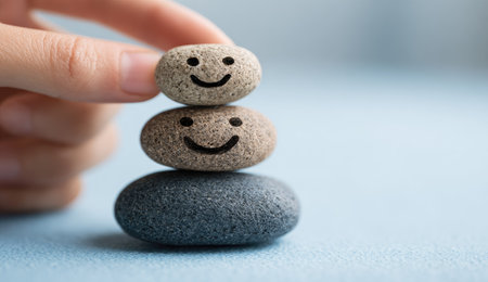 A hand carefully balances three pebbles, each adorned with a smiling face, creating a tower. The stones, varying in texture and color, sit atop a smooth blue surface. The composition uses shallow depth of field. This image is suitable for use in articles or promotional materials related to wellness or lifestyle.の素材