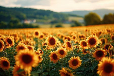 A vibrant field of sunflowers basks in warm sunlight, with a backdrop of green hills. The composition displays a shallow depth of field, focusing on the flowers. The scene depicts a natural outdoor environment, possibly during late afternoon. Suitable for commercial and editorial applications.の素材