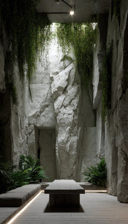 The image showcases a unique interior design featuring massive rock formations and lush green plants. The color palette is dominated by neutral tones, while the composition is architectural with a focus on natural elements. This image is suitable for projects related to design, architecture, or commercial publications.の素材