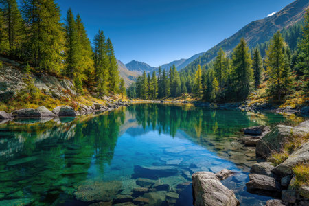 A pristine lake reflects surrounding trees and mountain peaks under a bright blue sky. The water's surface mirrors the landscape, creating a symmetrical view. Sunlight illuminates the scene, highlighting the natural textures and colors. This image would be suitable for environmental or travel content.の素材