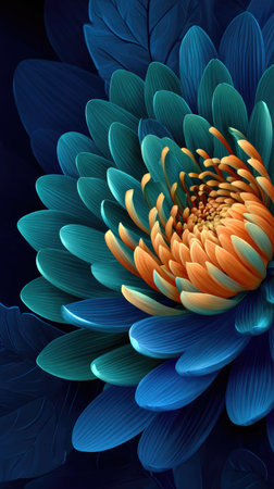 This image showcases a close-up view of a beautiful floral design, featuring a gradient of blue and orange hues. The petals are intricately detailed, displaying a soft texture. The composition has a dramatic lighting, hinting at studio environment, ideal for various commercial and decorative applications.の素材