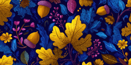 This image showcases a seamless pattern featuring stylized leaves, acorns, and floral elements. The design utilizes a rich color palette with vibrant yellow, gold, and magenta against a deep blue backdrop. The composition suggests a natural environment and is suitable for various design applications, including textiles or decorative prints.の素材