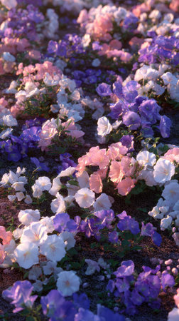 A close-up view captures a rich collection of various flowers in shades of purple, pink, and white. The composition showcases a textured floral arrangement with visible petals and green stems. The lighting suggests a natural, outdoor setting, potentially during daytime. This image is suitable for use in editorial or commercial projects.の素材