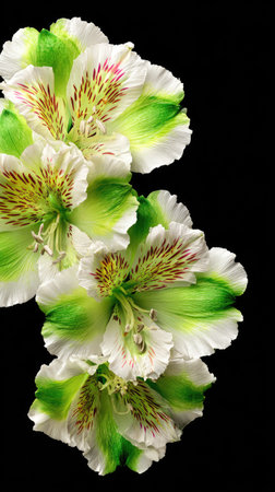 A close-up showcases several white and green flowers against a solid black background. The blossoms display multiple layers of petals with touches of yellow and brown. The composition is set against a dark environment, offering a high-contrast visual, and could be suitable for various design applications.の素材