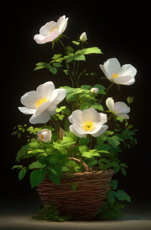 A close-up shows white flowers with yellow centers and green leaves arranged in a woven basket. The flowers are in full bloom, with a soft, natural lighting against a dark background. This image could be used in various commercial projects, showcasing natural beauty and elegant composition.の素材