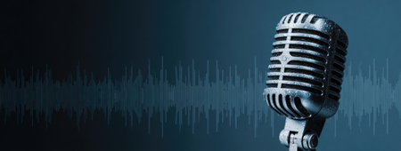A classic microphone stands prominently against a textured backdrop, featuring subtle visual elements. The composition showcases a retro style, characterized by the microphone's design and the muted color scheme. Suitable for various design projects, it may be used in editorial contexts related to broadcasting or music production.の素材