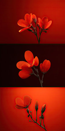 The image displays vibrant red flowers against a dark background. The flowers have delicate petals and visible stems. The composition has a studio-like, minimalist style with overhead lighting. This image can be used in a variety of commercial applications, including design projects or advertising visuals.の素材