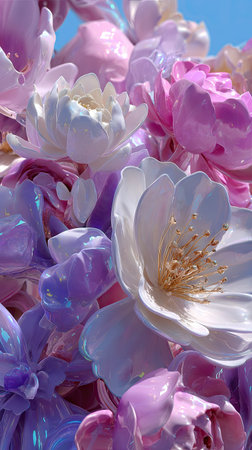This image presents a close-up of colorful flowers in varying shades of pink, white, and purple. The composition showcases detailed textures and a soft, diffused lighting effect. This artistic arrangement could be suitable for decorative purposes, design projects, or various creative editorial content.の素材